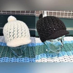 2/$10 Ladies 2 Crochet Woven Brim Baseball Hat Cap White Cream Black Pompom Hats